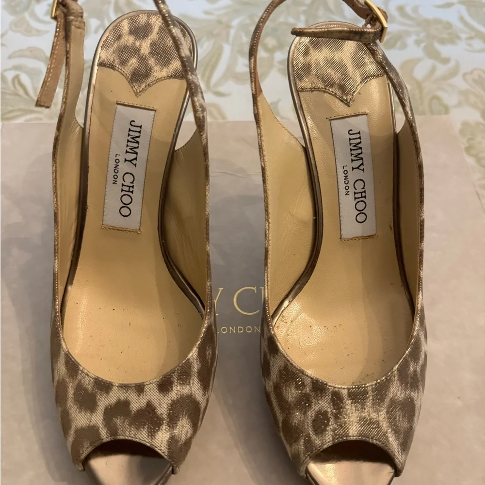 Jimmy Choo Open Toe Pumps Slingback Heels Leopard Shimmer Leather 36 - Picture 2 of 7